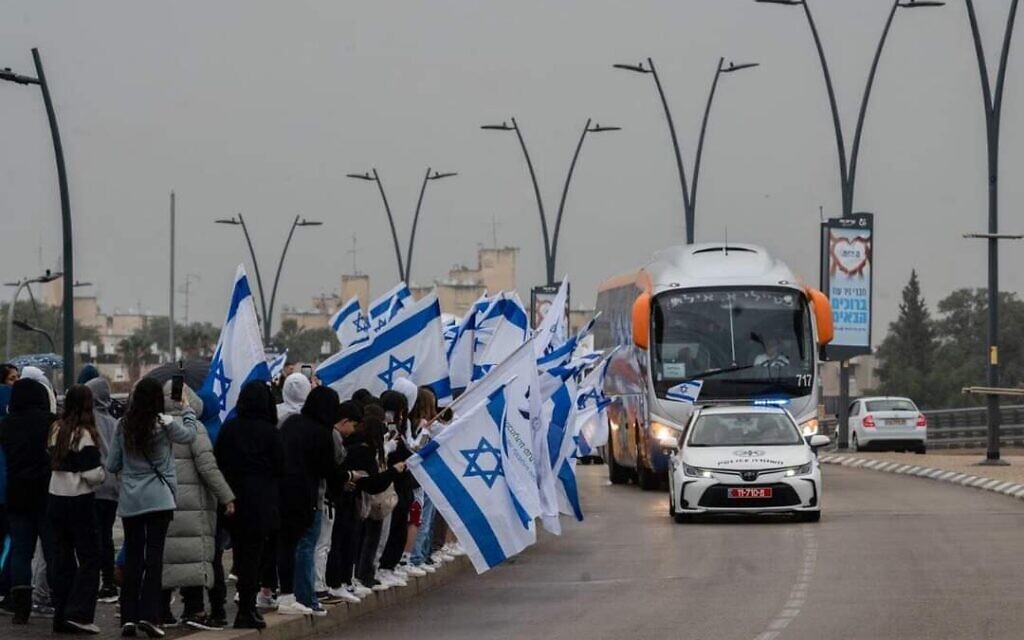 A bus transporting survivors from Nir Oz arrives from Eilat in Kiryat Gat on January 2, 2024. (Courtesy of the Municipality of Kiryat Gat)