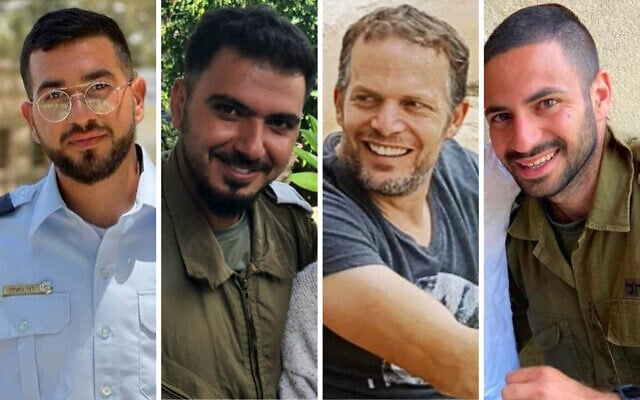 A composite image (from left to right) of police officer Sgt. First Class Ran Gvili, confirmed to have been killed by terrorists on October 7; and Maj. (res.) Netzer Simchi, 30, left, Warrant Officer Yuval Nir, 43, and Cpt. (res.) Gavriel Shani, 28, who were killed in Gaza on January 30, 2024. (Israel Defense Forces) A composite image (from left to right) of police officer Sgt. First Class Ran Gvili, confirmed to have been killed by terrorists on October 7; and Maj. (res.) Netzer Simchi, 30, left, Warrant Officer Yuval Nir, 43, and Cpt. (res.) Gavriel Shani, 28, who were killed in Gaza on January 30, 2024. (Israel Defense Forces)