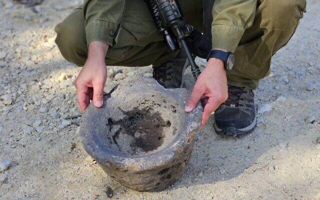 A grain grinder discovered in a staging area near Gaza, in a photo released on December 7, 2024. (Sarah Tal/IAA)
