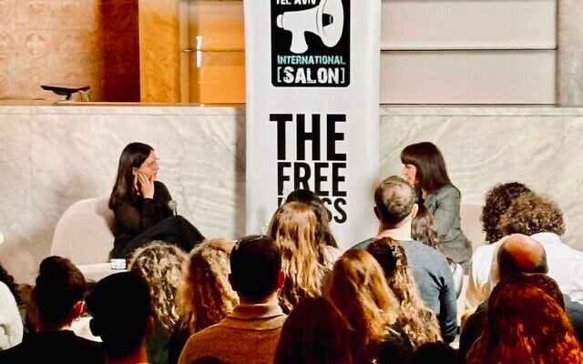 Bari Weiss, left, interviews former MK Einat Wilf as part of a series hosted with the Tel Aviv International Salon, at the Jaffa Hotel Chapel, January 28, 2024. (Courtesy of the Tel Aviv International Salon) Bari Weiss, left, interviews former MK Einat Wilf as part of a series hosted with the Tel Aviv International Salon, at the Jaffa Hotel Chapel, January 28, 2024. (Courtesy of the Tel Aviv International Salon)