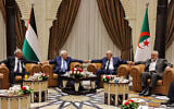 Illustrative: A handout picture provided by the Palestinian Authority's press office (PPO) shows (L to R) Palestinian president Mahmud Abbas (2nd-L) meeting with Algerian President Abdelmajid Tebboune (2nd-R) and with Palestinian Hamas movement's leader Ismail Haniyeh (R) during Abbas' visit to attend Algeria's 60th independence anniversary in Algiers, July 5, 2022. (Thaer Ghanaim/AFP PHOTO/HO/PPO)