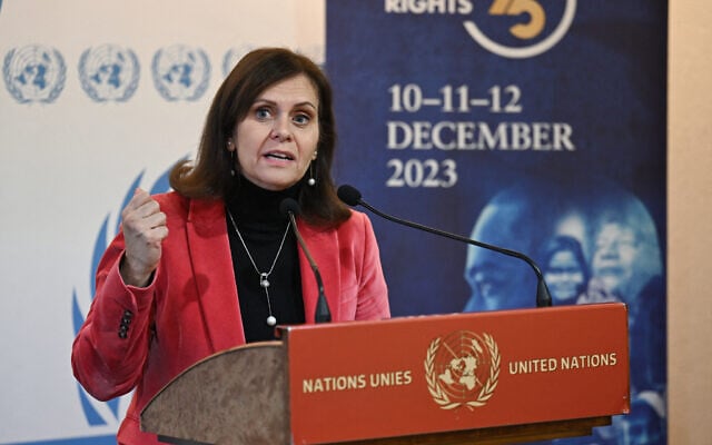Israel's Ambassador to the UN Meirav Eilon Shahar gives a press briefing during an event to mark the 75th anniversary of the Universal Declaration of Human Rights, at the United Nations Offices, in Geneva on December 12, 2023. (Photo by Fabrice COFFRINI / AFP) Israel's Ambassador to the UN Meirav Eilon Shahar gives a press briefing during an event to mark the 75th anniversary of the Universal Declaration of Human Rights, at the United Nations Offices, in Geneva on December 12, 2023. (Photo by Fabrice COFFRINI / AFP)