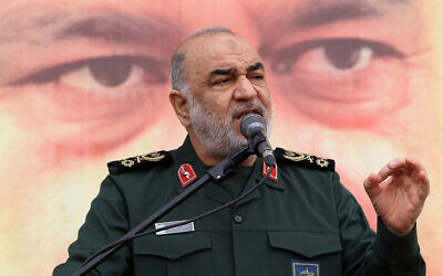 Head of Iran's Islamic Revolutionary Guard Corps (IRGC) Hossein Salami speaking at the funeral of Razi Mousavi, a senior commander in Iran's Quds Force who was killed on December 25 in an alleged Israeli strike in Syria, in Tehran, December 28, 2023. (Atta Kenare/AFP)