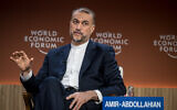 Iranian Foreign Minister Hossein Amir-Abdollahian gestures during a session at the World Economic Forum (WEF) meeting in Davos on January 17, 2024. (Fabrice Coffrini/AFP)