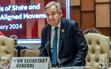 Secretary General of the United Nations Antonio Guterres attends the closing session of the 19th Summit of Heads of State and Government of the Non-Aligned Movement (NAM) in Kampala on January 20, 2024. (LUIS TATO / AFP)