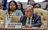 United Nations Secretary-General Antonio Guterres delivers his speech during the closing session of the 19th Summit of Heads of State and Government of the Non-Aligned Movement (NAM) in Kampala on January 20, 2024. (Photo by LUIS TATO / AFP)