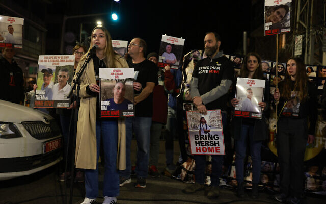 A relative speaks during a rally organized by family and supporters of Israeli hostages held by Hamas in Gaza since the October 7 massacres by Hamas terrorists in southern Israel, near the residence of Prime Minister Benjamin Netanyahu in Jerusalem on January 21, 2024, demanding that Netanyahu do more to secure the hostages' release. (Menahem Kahana / AFP)