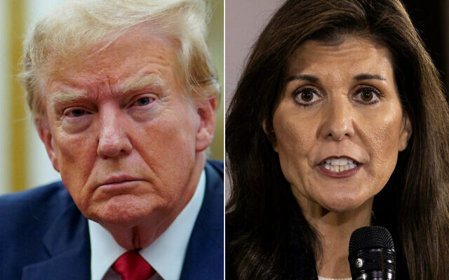 This combination of pictures created on January 21, 2024 shows former US President Donald Trump (L) arriving at the New York State Supreme Court during the civil fraud trial against the Trump Organization, in New York City on December 7, 2023; and Republican presidential hopeful and former UN Ambassador Nikki Haley speaking during a campaign event at the Olympic Theatre in Cedar Rapids, Iowa, on January 11, 2024. (Eduardo Munoz Alvarez and Christian Monterrosa/AFP) This combination of pictures created on January 21, 2024 shows former US President Donald Trump (L) arriving at the New York State Supreme Court during the civil fraud trial against the Trump Organization, in New York City on December 7, 2023; and Republican presidential hopeful and former UN Ambassador Nikki Haley speaking during a campaign event at the Olympic Theatre in Cedar Rapids, Iowa, on January 11, 2024. (Eduardo Munoz Alvarez and Christian Monterrosa/AFP)