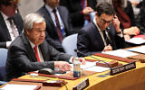 UN Secretary-General Antonio Guterres speaks during a Security Council meeting regarding the Israel-Hamas war at the UN headquarters in New York on January 23, 2024. (Charly Triballeau/AFP)