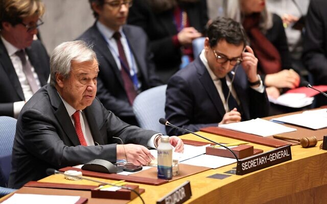UN Secretary-General Antonio Guterres speaks during the Security Council meeting on the situation in the Middle East at UN headquarters in New York on January 23, 2024. (Charly Triballeau/AFP) UN Secretary-General Antonio Guterres speaks during the Security Council meeting on the situation in the Middle East at UN headquarters in New York on January 23, 2024. (Charly Triballeau/AFP)