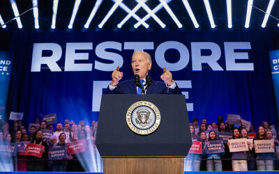 US President Joe Biden speaks during a campaign rally to Restore Roe at Hylton Performing Arts Center in Manassas, Virginia, on January 23, 2024. (Photo by SAUL LOEB / AFP)