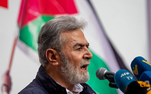 Ziad Nakhaleh, leader of Palestinian Islamic Jihad, speaks during a rally organized by Lebanon's Hezbollah terror group to express solidarity with the Palestinian people, in the southern suburb of Beirut, Lebanon, May 17, 2021. (AP Photo/Hassan Ammar) Ziad Nakhaleh, leader of Palestinian Islamic Jihad, speaks during a rally organized by Lebanon's Hezbollah terror group to express solidarity with the Palestinian people, in the southern suburb of Beirut, Lebanon, May 17, 2021. (AP Photo/Hassan Ammar)