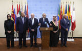 As Jordanian Minister of Foreign Affairs Ayman Safadi, third from right, speaks to reporters, United Arab Emirates Minister of State for International Cooperation Reem Ebrahim Al Hashimy, left, Egyptian Foreign Minister Sameh Shoukry, second from left, Palestinian Foreign Minister Riyad Al-Maliki, third from left, Saudi Arabian Foreign Minister Faisal bin Farhan Al-Saud, second from right, and Secretary-General of the League of Arab States Ahmed Aboul Gheit listen after a Security Council meeting at United Nations headquarters, Tuesday, Oct. 24, 2023. (AP Photo/Seth Wenig)