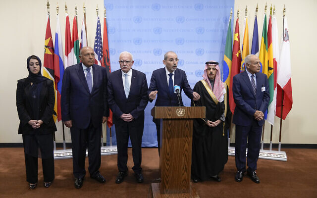As Jordanian Minister of Foreign Affairs Ayman Safadi, third from right, speaks to reporters, United Arab Emirates Minister of State for International Cooperation Reem Ebrahim Al Hashimy, left, Egyptian Foreign Minister Sameh Shoukry, second from left, Palestinian Foreign Minister Riyad Al-Maliki, third from left, Saudi Arabian Foreign Minister Faisal bin Farhan Al-Saud, second from right, and Secretary-General of the League of Arab States Ahmed Aboul Gheit listen after a Security Council meeting at United Nations headquarters, Tuesday, Oct. 24, 2023. (AP Photo/Seth Wenig)