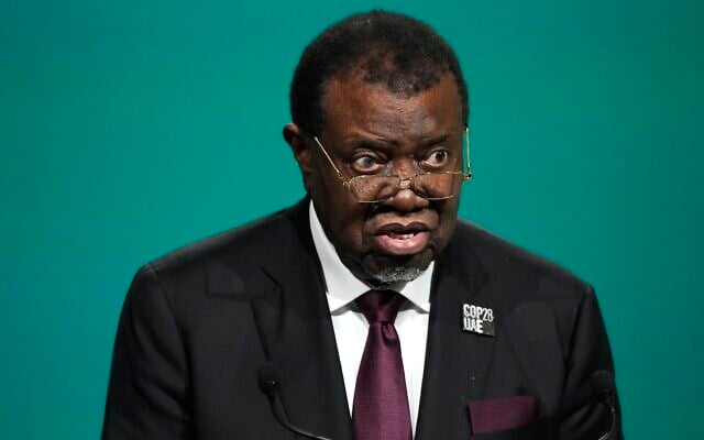 Namibia President Hage Geingob speaks during a plenary session at the COP28 UN Climate Summit, December 1, 2023, in Dubai, United Arab Emirates. (Peter Dejong/AP) Namibia President Hage Geingob speaks during a plenary session at the COP28 UN Climate Summit, December 1, 2023, in Dubai, United Arab Emirates. (Peter Dejong/AP)