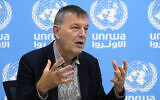 The commissioner-general of the UN agency for Palestinian refugees, Philippe Lazzarini, speaks during an interview with The Associated Press at the UNRWA headquarters in Beirut, Lebanon, December 6, 2023. (AP/Bilal Hussein)