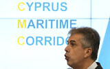 Outgoing Israeli Foreign Minister Eli Cohen talks to the media during a press conference after a meeting with his Cypriot counterpart Constantinos Kombos at the Zenon Joint Rescue Coordination Center in southern coastal city of Larnaca, Cyprus, December 20, 2023. (AP Photo/Petros Karadjias)