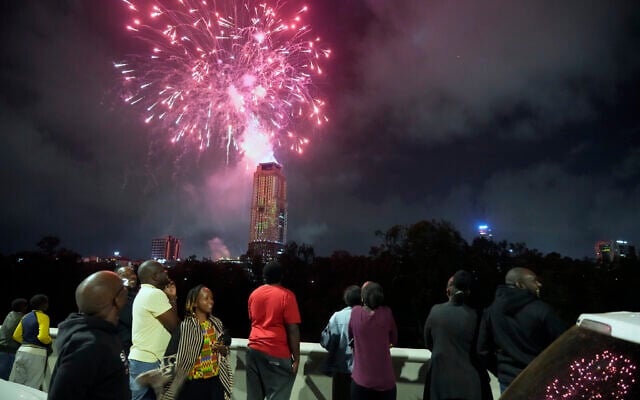 Fireworks explode over the city during New Year's celebrations in Nairobi, Kenya, Monday, Jan. 1, 2024. (AP Photo/Sayyid Abdul Azim) Fireworks explode over the city during New Year's celebrations in Nairobi, Kenya, Monday, Jan. 1, 2024. (AP Photo/Sayyid Abdul Azim)