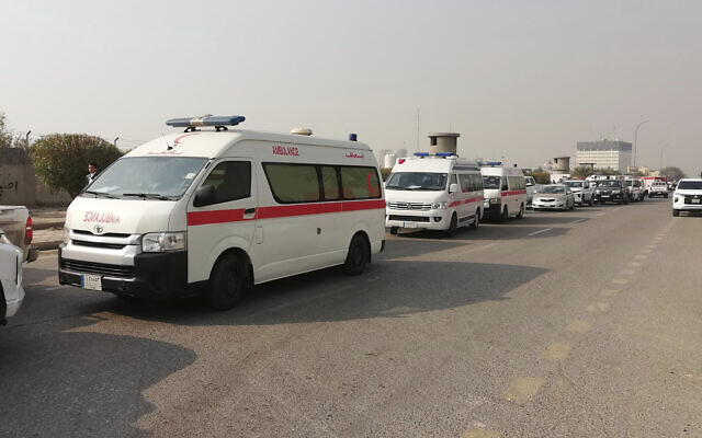 Ambulances line up in front of a building used by the the Iraqi militia group Hezbollah al-Nujaba after it was hit by an airstrike in Baghdad, Iraq, January 4, 2024. (AP Photo/Hadi Mizban) Ambulances line up in front of a building used by the the Iraqi militia group Hezbollah al-Nujaba after it was hit by an airstrike in Baghdad, Iraq, January 4, 2024. (AP Photo/Hadi Mizban)