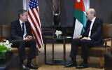 US Secretary of State Antony Blinken, left, meets with Jordanian Foreign Minister Ayman Safadi in Amman, Jordan January 7, 2024. (Evelyn Hockstein/Pool Photo via AP)