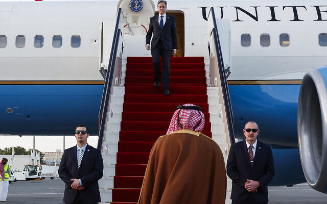 US Secretary of State Antony Blinken arrives in Doha, Qatar, during his weeklong trip across the Middle East, on Jan. 7, 2024. (Evelyn Hockstein/Pool Photo via AP) US Secretary of State Antony Blinken arrives in Doha, Qatar, during his weeklong trip across the Middle East, on Jan. 7, 2024. (Evelyn Hockstein/Pool Photo via AP)