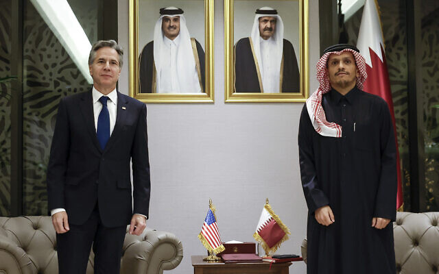 US Secretary of State Antony Blinken, left, meets with Qatar's Prime Minister Sheikh Mohammed bin Abdulrahman Al Thani, right, at Lusail Palace in Lusail, Qatar, Jan. 7, 2024. (Evelyn Hockstein/Pool photo via AP) US Secretary of State Antony Blinken, left, meets with Qatar's Prime Minister Sheikh Mohammed bin Abdulrahman Al Thani, right, at Lusail Palace in Lusail, Qatar, Jan. 7, 2024. (Evelyn Hockstein/Pool photo via AP)