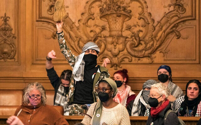 People react to public comment at the San Francisco Board of Supervisors meeting in San Francisco, January 8, 2024. (AP Photo/Nic Coury) People react to public comment at the San Francisco Board of Supervisors meeting in San Francisco, January 8, 2024. (AP Photo/Nic Coury)