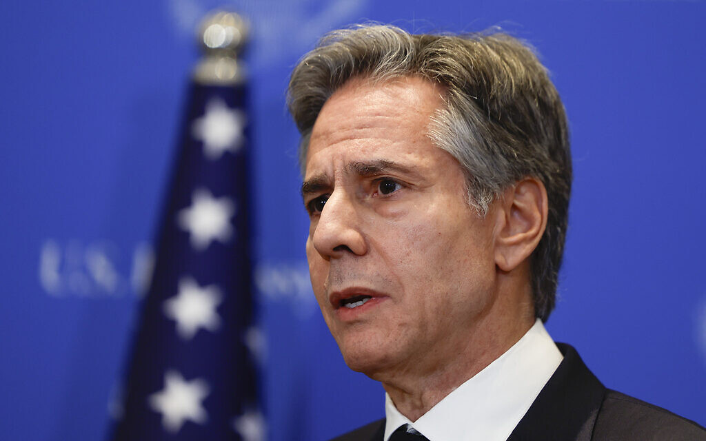 US Secretary of State Antony Blinken speaks during a press conference in Tel Aviv, during his week-long trip aimed at calming tensions across the Middle East, Tuesday, Jan. 9, 2024. (Evelyn Hockstein/Pool Photo via AP)
