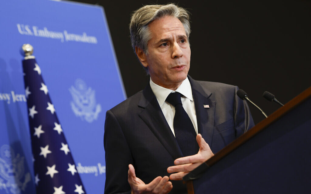 US Secretary of State Antony Blinken answers questions during a press conference in Tel Aviv, January 9, 2024. (Evelyn Hockstein/Pool Photo via AP) US Secretary of State Antony Blinken answers questions during a press conference in Tel Aviv, January 9, 2024. (Evelyn Hockstein/Pool Photo via AP)