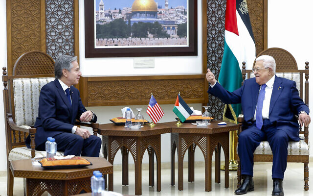 US Secretary of State Antony Blinken, left, meets with Palestinian Authority President Mahmoud Abbas, right, in Ramallah in the West Bank, Wednesday, Jan. 10, 2024 (Evelyn Hockstein/Pool Photo via AP) US Secretary of State Antony Blinken, left, meets with Palestinian Authority President Mahmoud Abbas, right, in Ramallah in the West Bank, Wednesday, Jan. 10, 2024 (Evelyn Hockstein/Pool Photo via AP)
