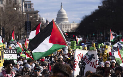 With the US Capitol in the background, demonstrators rally during the March on Washington for Gaza at Freedom Plaza in Washington, Saturday, Jan. 13, 2024. (AP Photo/Jose Luis Magana)