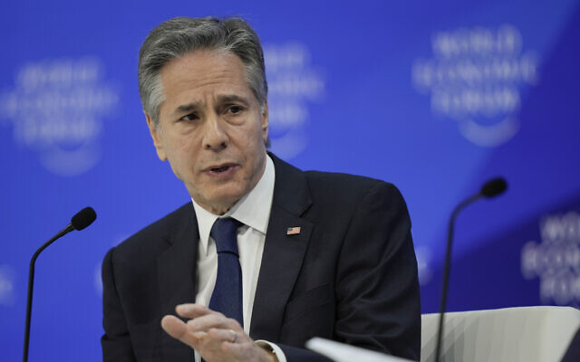 US Secretary of State Antony Blinken gestures during his speech at the Annual Meeting of World Economic Forum in Davos, Switzerland, Wednesday, Jan. 17, 2024. (AP Photo/Markus Schreiber) US Secretary of State Antony Blinken gestures during his speech at the Annual Meeting of World Economic Forum in Davos, Switzerland, Wednesday, Jan. 17, 2024. (AP Photo/Markus Schreiber)