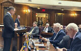 Indiana state Rep. Chris Jeter asks lawmakers to support House Bill 1002, which defines antisemitism and bans its teaching at Indiana schools, January 18, 2024. (AP/Isabella Volmert)