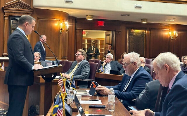 Indiana state Rep. Chris Jeter asks lawmakers to support House Bill 1002, which defines antisemitism and bans its teaching at Indiana schools, January 18, 2024. (AP/Isabella Volmert) Indiana state Rep. Chris Jeter asks lawmakers to support House Bill 1002, which defines antisemitism and bans its teaching at Indiana schools, January 18, 2024. (AP/Isabella Volmert)
