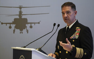 US Navy Vice Adm. Brad Cooper, who heads the Navy's Bahrain-based 5th Fleet, speaks at an event in Abu Dhabi, United Arab Emirates, February 21, 2023. (AP Photo/Jon Gambrell, File)
