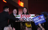 A protester calling for a ceasefire in Gaza interrupts US President Joe Biden during an event on the campus of George Mason University in Manassas, Virginia, January 23, 2024 (Alex Brandon/AP)