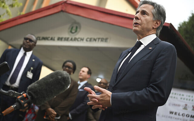 US Secretary of State Antony Blinken speaks to media during his visit at the Nigerian Institute of Medical Research (NIMR) Clinic in Lagos, Nigeria, Wednesday, Jan. 24, 2024. (Andrew Caballero-Reynolds/Pool via AP) US Secretary of State Antony Blinken speaks to media during his visit at the Nigerian Institute of Medical Research (NIMR) Clinic in Lagos, Nigeria, Wednesday, Jan. 24, 2024. (Andrew Caballero-Reynolds/Pool via AP)