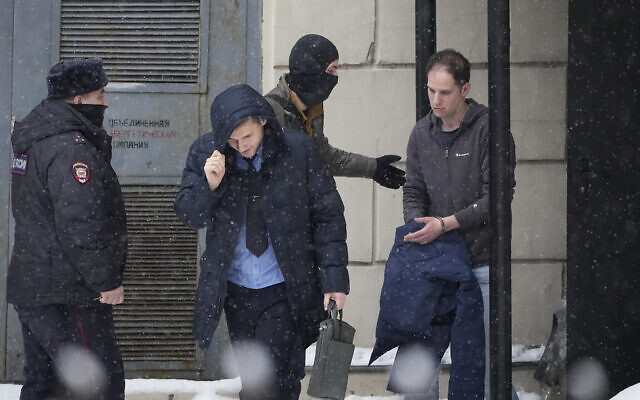 Wall Street Journal reporter Evan Gershkovich, right, is escorted from the Lefortovsky court in Moscow, Russia, Friday, Jan. 26, 2024. (AP Photo/Alexander Zemlianichenko) Wall Street Journal reporter Evan Gershkovich, right, is escorted from the Lefortovsky court in Moscow, Russia, Friday, Jan. 26, 2024. (AP Photo/Alexander Zemlianichenko)
