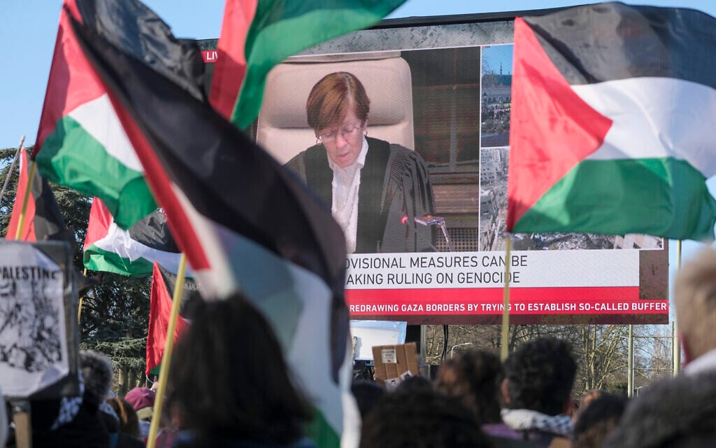 Pro-Palestinian activists wave flags during a session of the International Court of Justice, or World Court, in The Hague, Netherlands, January 26, 2024. (AP Photo/Patrick Post)
