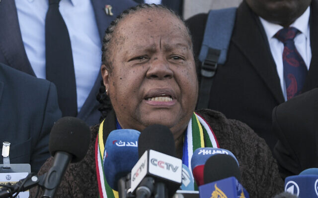 South Africa's Foreign Minister Naledi Pandor, center, addresses reporters after a session of the International Court of Justice, or World Court, in The Hague, Netherlands, Friday, January 26, 2024. (AP Photo/Patrick Post) South Africa's Foreign Minister Naledi Pandor, center, addresses reporters after a session of the International Court of Justice, or World Court, in The Hague, Netherlands, Friday, January 26, 2024. (AP Photo/Patrick Post)