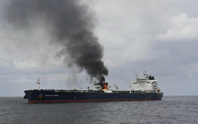 Illustrative: In this photo provided by the Indian Navy on Saturday, Jan. 27, 2024, a view of the oil tanker Marlin Luanda on fire after an attack, in the Gulf of Aden. (Indian Navy via AP) Illustrative: In this photo provided by the Indian Navy on Saturday, Jan. 27, 2024, a view of the oil tanker Marlin Luanda on fire after an attack, in the Gulf of Aden. (Indian Navy via AP)