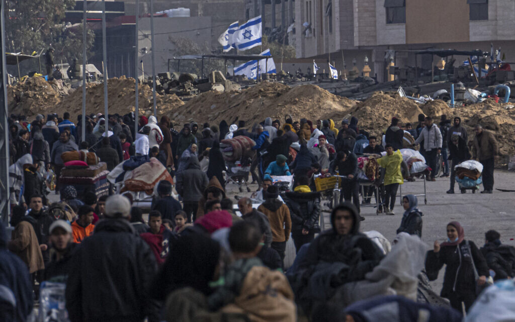 Palestinians flee Khan Younis during an Israeli offensive in the southern Gaza Strip on Jan. 27, 2024. (AP/Fatima Shbair)
