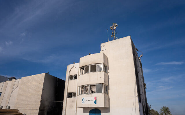 A damaged Paltel telecommunications building is seen in central Gaza's Bureij, January 8, 2024. (Emanuel Fabian/Times of Israel) A damaged Paltel telecommunications building is seen in central Gaza's Bureij, January 8, 2024. (Emanuel Fabian/Times of Israel)