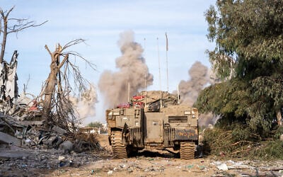 A large explosion is seen in central Gaza's Bureij, which killed six IDF combat engineers, January 8, 2024. (Emanuel Fabian/Times of Israel)