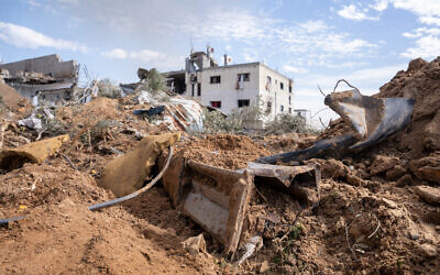 A long-range rocket launcher uncovered by the IDF in Gaza City's Tuffah neighborhood, January 21, 2024. (Emanuel Fabian/Times of Israel)
