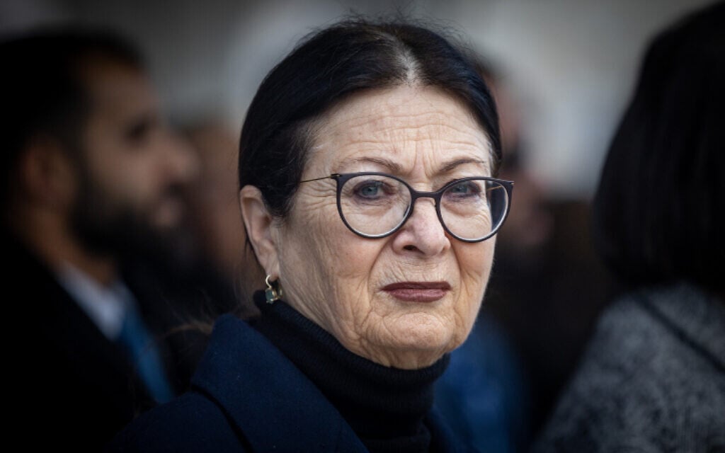 Then Supreme Court President Justice Esther Hayut attends the funeral of former Israeli parliament speaker Shevach Weiss at Mount Herzl Cemetery in Jerusalem, February 5, 2023. (Yonatan Sindel/Flash90) Then Supreme Court President Justice Esther Hayut attends the funeral of former Israeli parliament speaker Shevach Weiss at Mount Herzl Cemetery in Jerusalem, February 5, 2023. (Yonatan Sindel/Flash90)