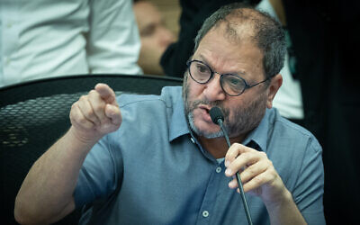 MK Ofer Cassif attends a Constitution, Law and Justice Committee meeting on the planned judicial reform, at the Knesset, in Jerusalem on June 25, 2023. (Yonatan Sindel/Flash90)