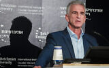File: Mossad Director David Barnea speaks during a Conference of the Institute for National Security Studies (INSS), in Tel Aviv, on September 10, 2023. (Avshalom Sassoni/Flash90)