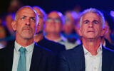 Ronen Bar head of the Shin Bet security services (L) with Mossad chief David Barnea at the annual IDF memorial ceremony marking the 50th anniversary of the Yom Kippur War at Yad La-Shiryon,  September 27, 2023. (Jonathan Shaul/Flash90)