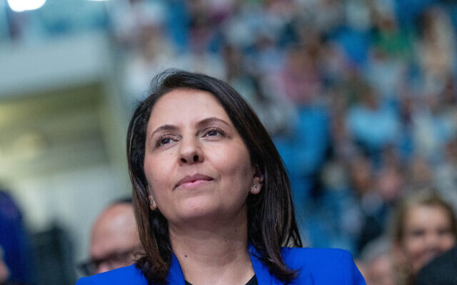 Intelligence Minister Gila Gamliel attends the Christian Feast of Tabernacles event organized by the Jerusalem Christian Embassy, held at the Arena stadium in Jerusalem on October 3, 2023. (Chaim Goldberg/FLASH90) Intelligence Minister Gila Gamliel attends the Christian Feast of Tabernacles event organized by the Jerusalem Christian Embassy, held at the Arena stadium in Jerusalem on October 3, 2023. (Chaim Goldberg/FLASH90)